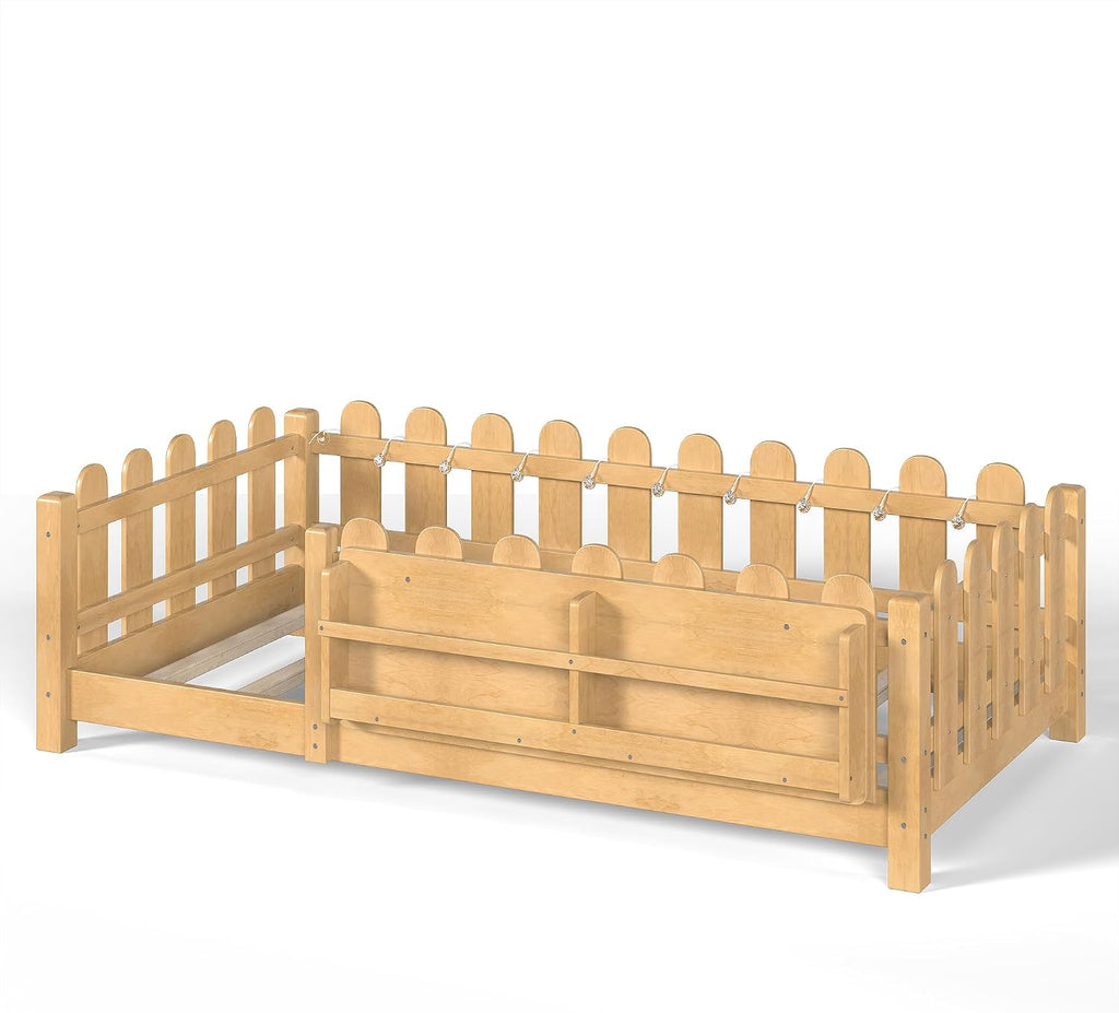 Bellemave Twin Floor Bed with Rails and Slats, Twin Size Montessori Floor Bed with Bookshelf, Fence and Lights, Low Profile Montessori Beds Frame for Girls, Boys, Light Natural