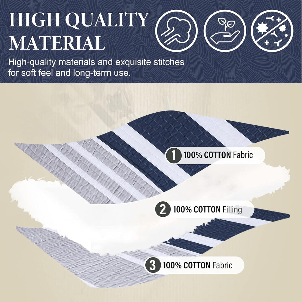 SahSahCasa Quilt King Size, 100% Cotton King Quilt Set, Navy Blue Striped Quilt, King Quilt Bedding Set Bedspreads, Lightweight Comforter for King Bed, All Season, Navy Blue, 3 Pieces