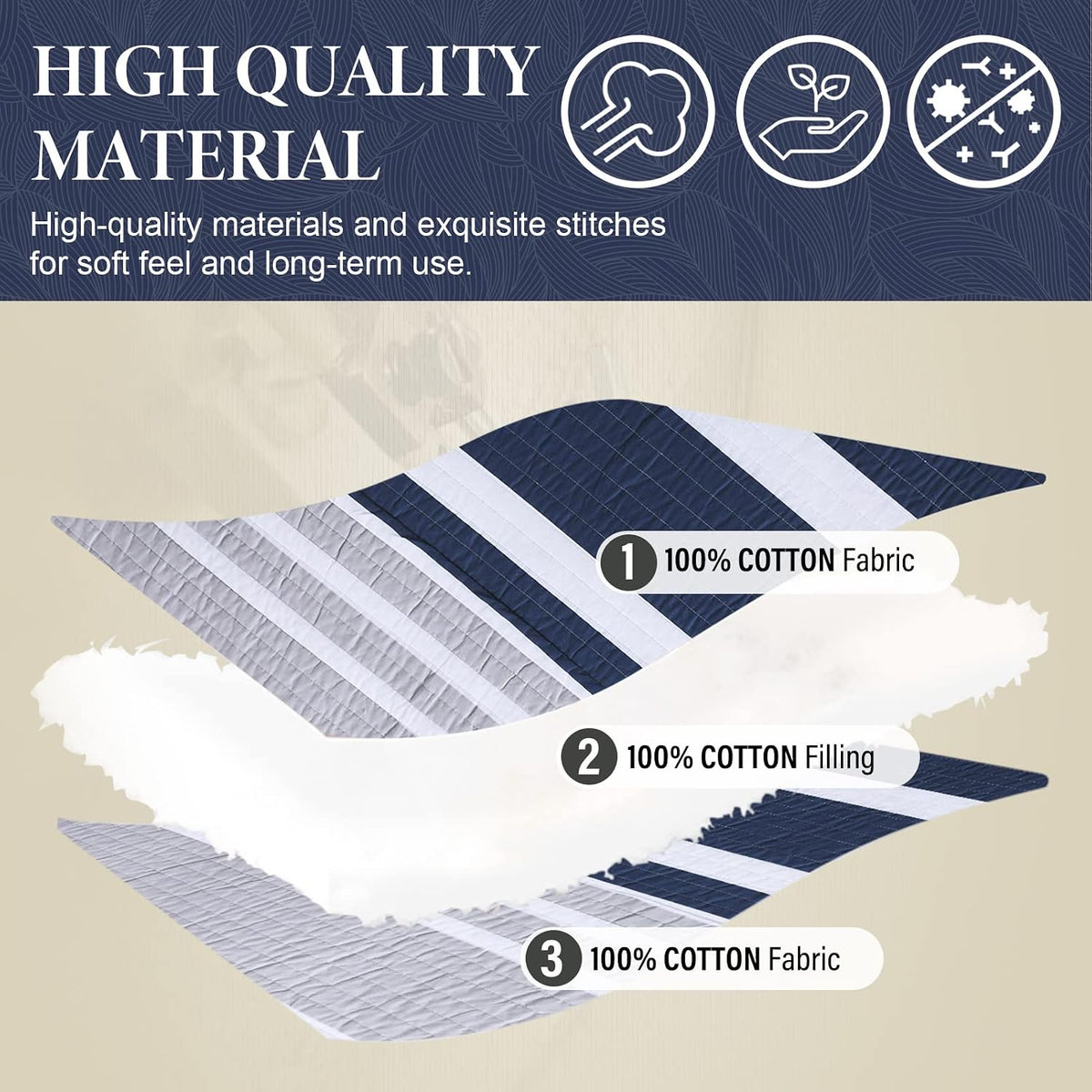 SahSahCasa Quilt King Size, 100% Cotton King Quilt Set, Navy Blue Striped Quilt, King Quilt Bedding Set Bedspreads, Lightweight Comforter for King Bed, All Season, Navy Blue, 3 Pieces