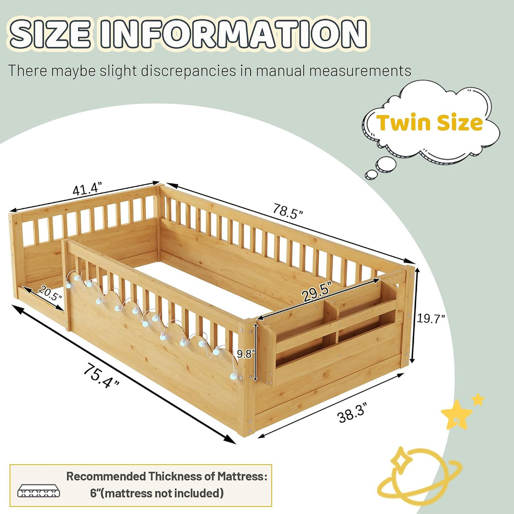Montessori Floor Bed with High Rails,Twin Size Floor Bed Frame for Kids, LED Lights & Storage Shelf, Safe & Wider Opening Gate Design, Playground & Sleep Space for Girls Boys,Natural