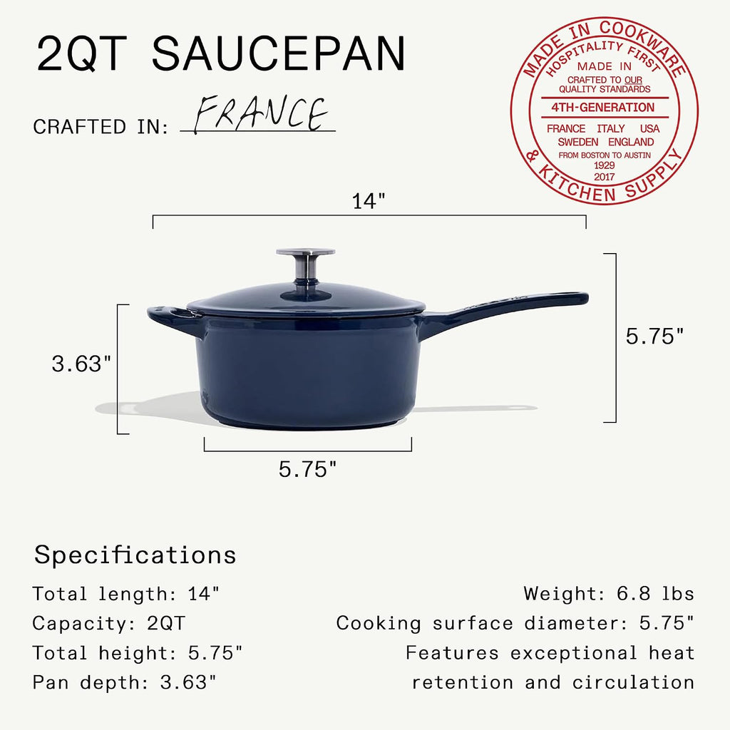 Made In Cookware | 2 Quart Enameled Cast Iron Saucepan with Lid (Harbour Blue) | Hand-Enameled Cast Iron | Professional Cookware | Crafted in France | Induction Compatible