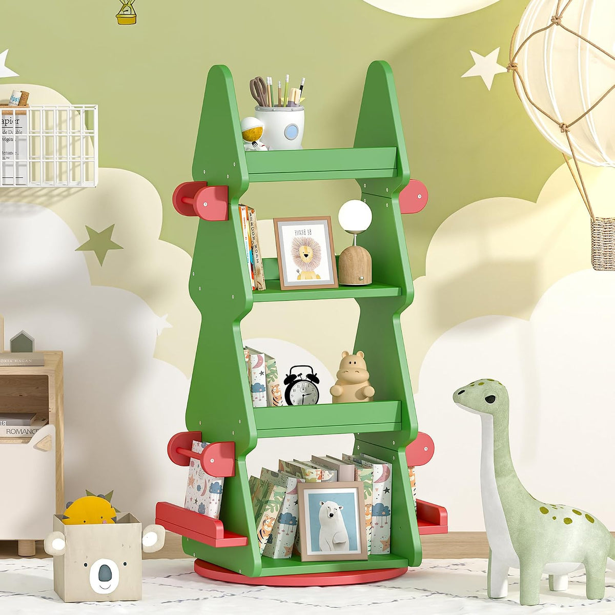 HedoAjim 4-Tier 360° Rotating Kids Bookshelf, Wooden Christmas Tree Bookcase Toy Storage Organizer for Boys & Girls, Nursery, Playroom, Bedroom