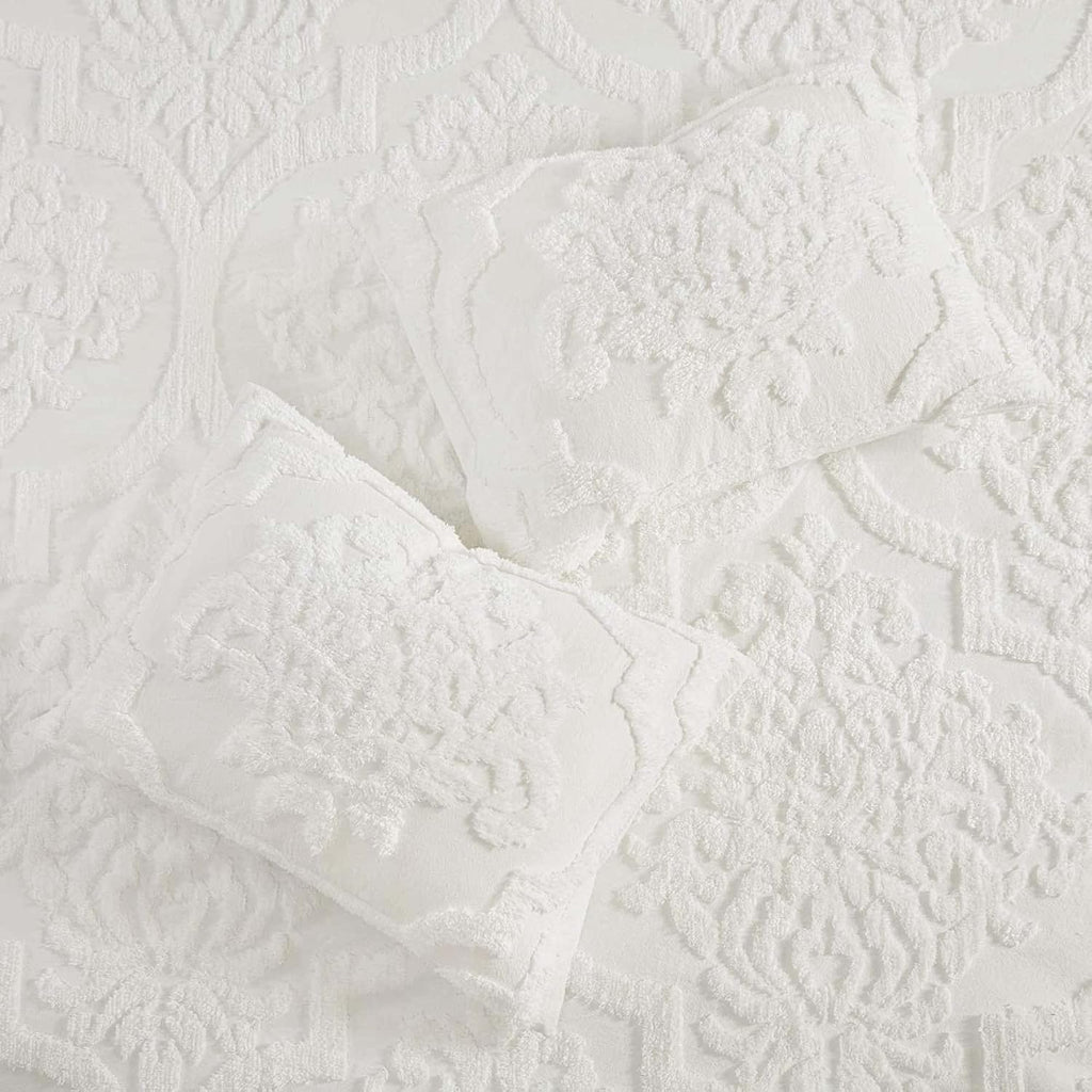 Madison Park Tufted Chenille Cotton Comforter, All Season Bedding Set, Matching Shams, Viola, Damask Off White Full/Queen(90'x90') 3 Piece
