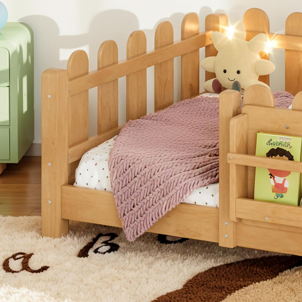 Bellemave Twin Floor Bed with Rails and Slats, Twin Size Montessori Floor Bed with Bookshelf, Fence and Lights, Low Profile Montessori Beds Frame for Girls, Boys, Light Natural