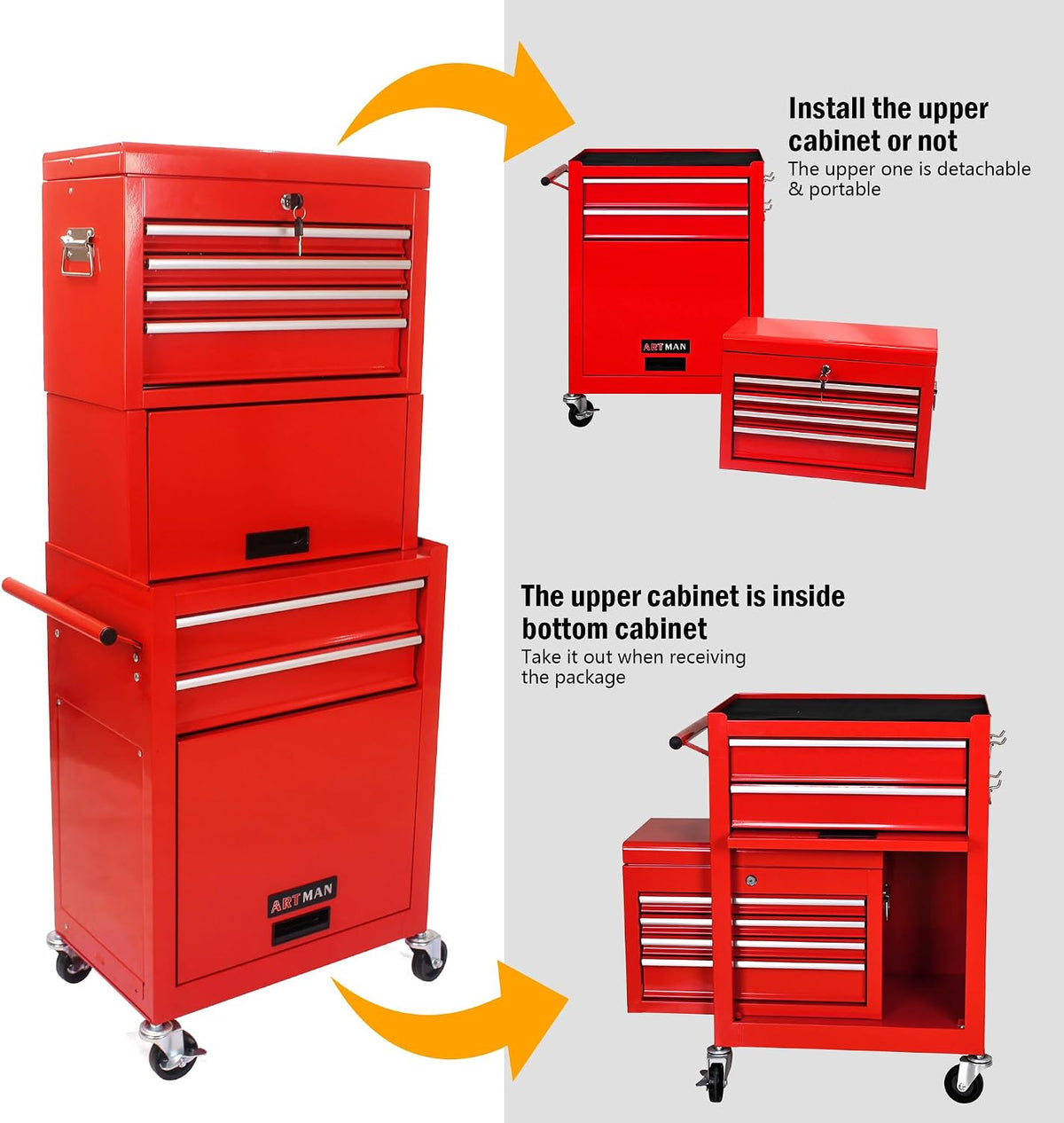 6-Drawer Tool Chest, 3-in-1 Rolling Tool Box with Detachable Top Toolbox & Key Lock,Tool Cabinet with Protective Liner & Universal Lockable Wheels,Metal Storage Cart for Garage,Workshop (Red)