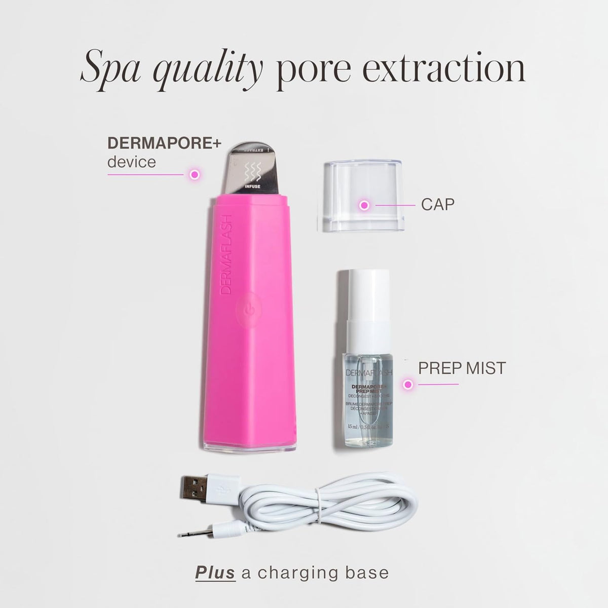 DERMAFLASH DERMAPORE+ Skin Care Device, Ultrasonic 2-in-1 Pore Extractor and Skincare Infuser, Pop Pink
