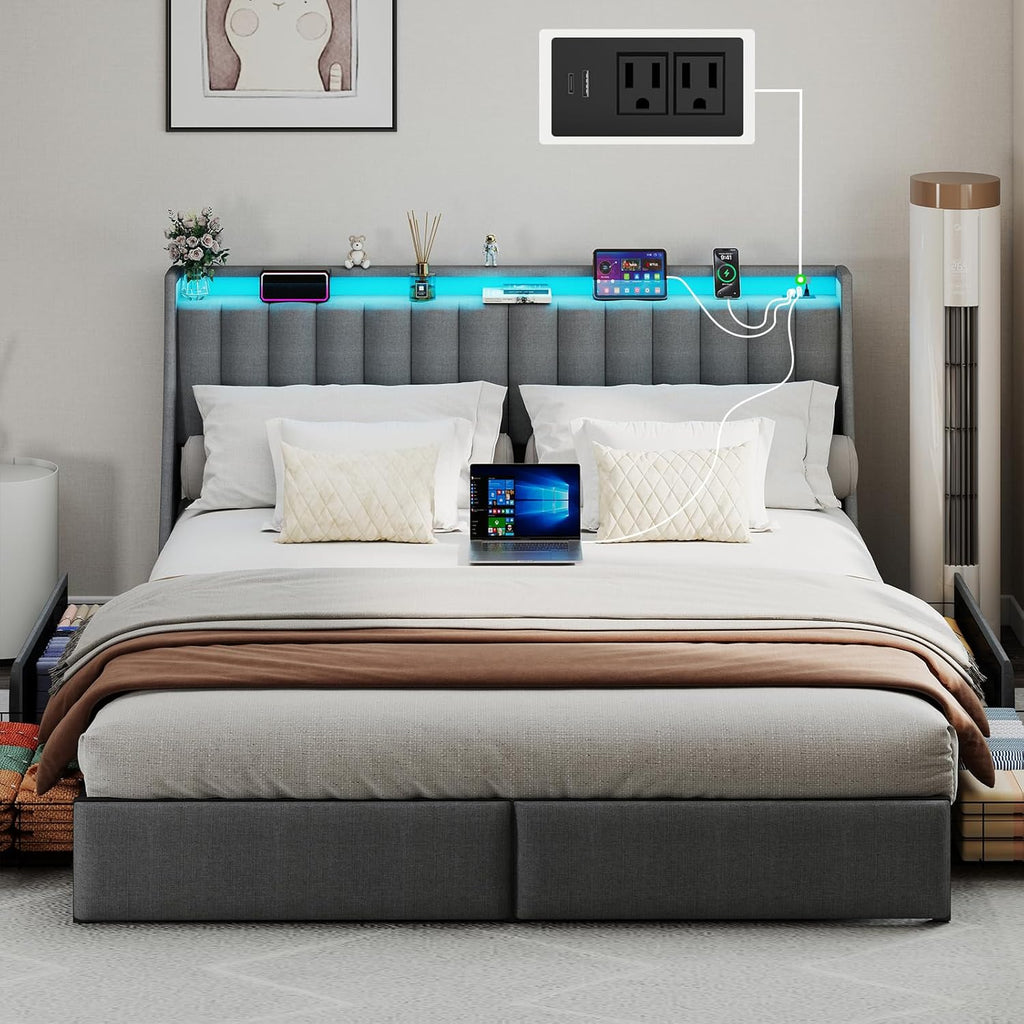 Doltoro King Size Bed Frame with 4 Storage Drawers and Headboard, Upholstered King Platform Bed with Charging Station and LED Lights, Noise-Free, No Box Spring Needed, Easy Assembly, Gray