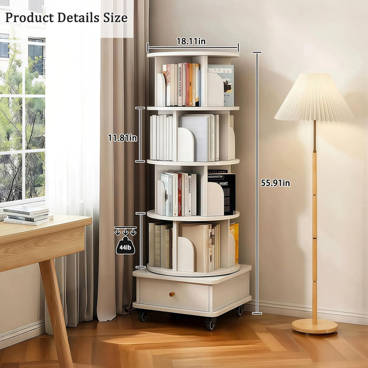 KEIKI 5-Tier Rotating Tower Spinning Bookshelf with 360°Swivel Wheels & Square Storage Drawer Base,Narrow Rolling Bookcase for Small Space,Corner,Bedroom,Office,White