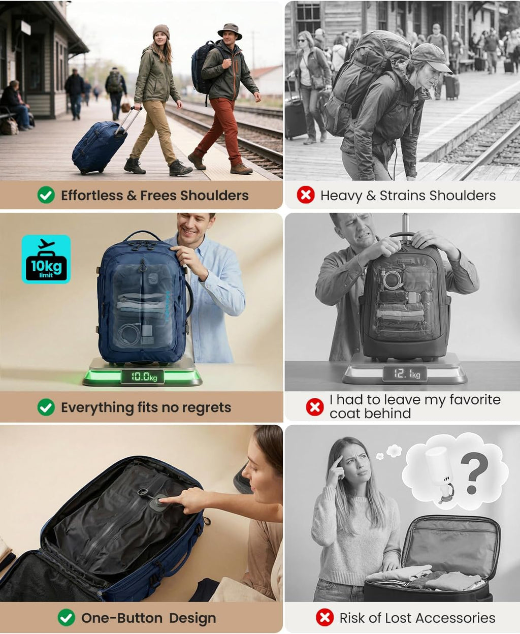 Fanwoli Rolling Vacuum Backpack Travel with One-Button Compression, 55L Expandable, Water Resistant Carry-On Suitcase Luggage, Ideal for Outdoor/Family/Trips
