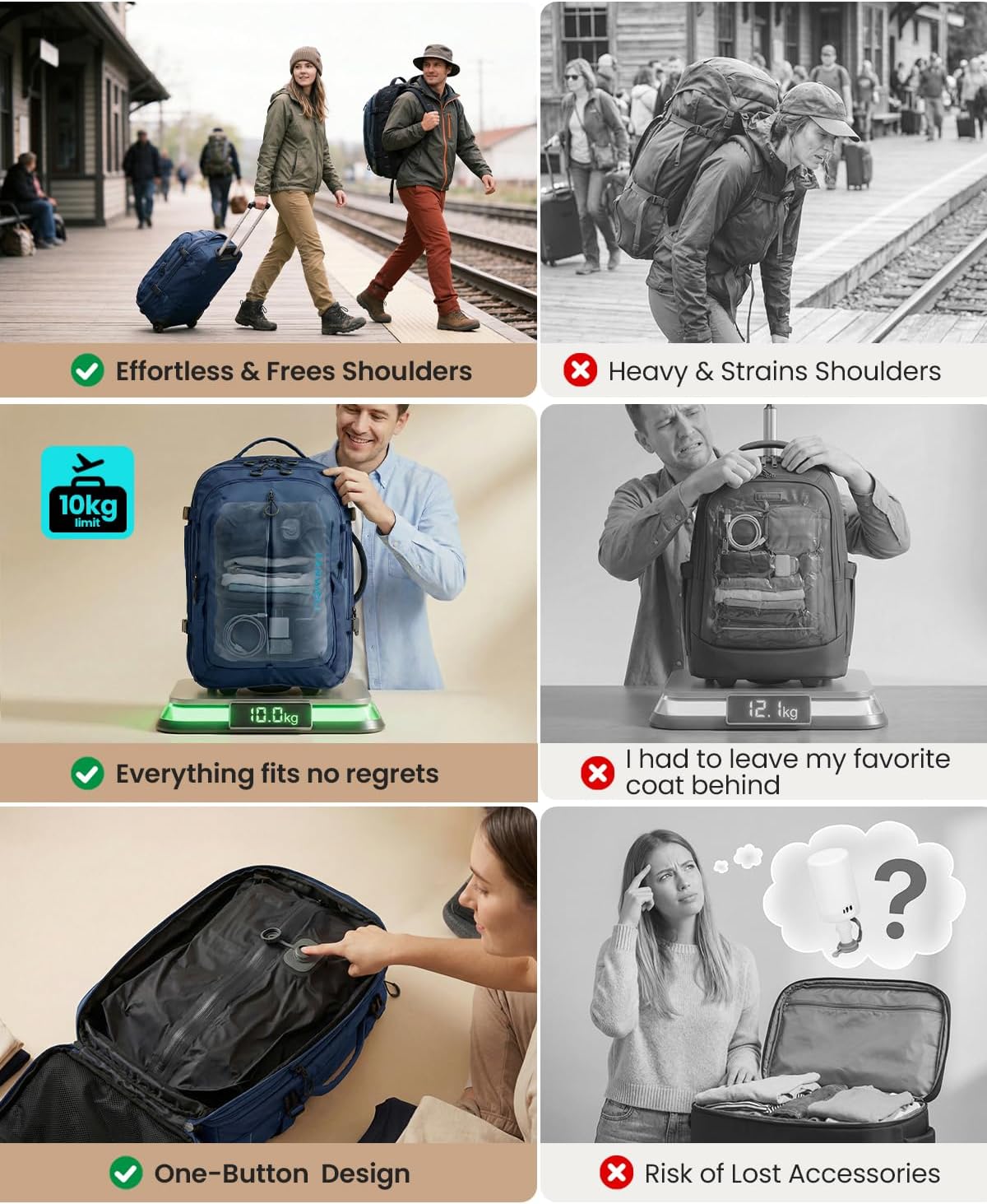 Fanwoli Rolling Vacuum Backpack Travel with One-Button Compression, 55L Expandable, Water Resistant Carry-On Suitcase Luggage, Ideal for Outdoor/Family/Trips