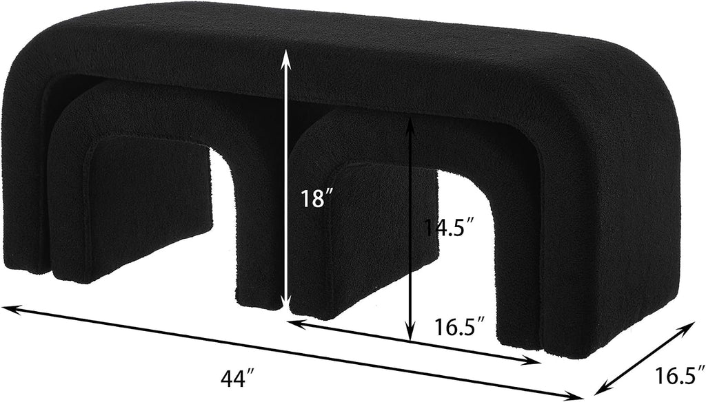 3-Piece Nesting Ottoman Bench Set - Black 44+16.5 Inch, Teddy Fabric, Modern Arched Design, Comfy Footrest/Seating for Bedroom, Living Room, Entry