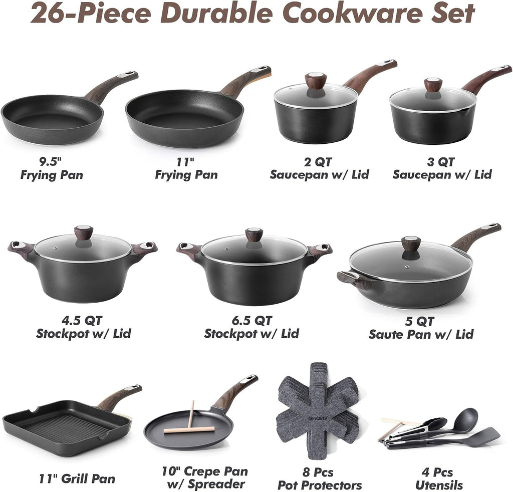 SENSARTE 26 Pcs Pots and Pans Set Nonstick,Kitchen Cooking Set,1.5 Quart Nonstick Sauce Pan with Lid,Non stick Saucier Pan, Induction Comptable, PFOA Free