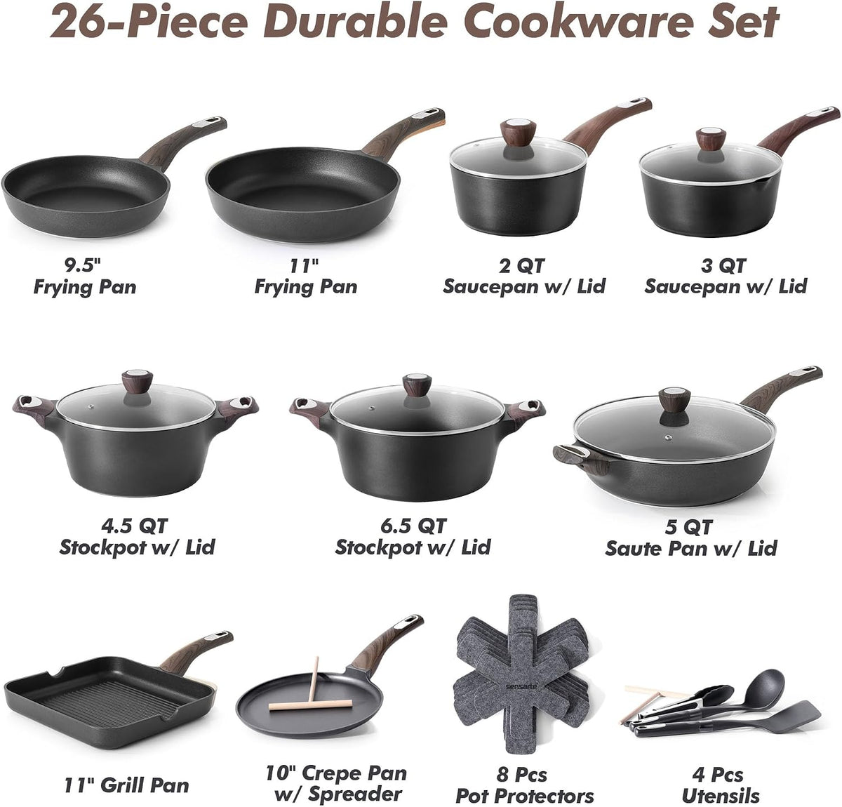 SENSARTE 26 Pcs Pots and Pans Set Nonstick,Kitchen Cooking Set,1.5 Quart Nonstick Sauce Pan with Lid,Non stick Saucier Pan, Induction Comptable, PFOA Free