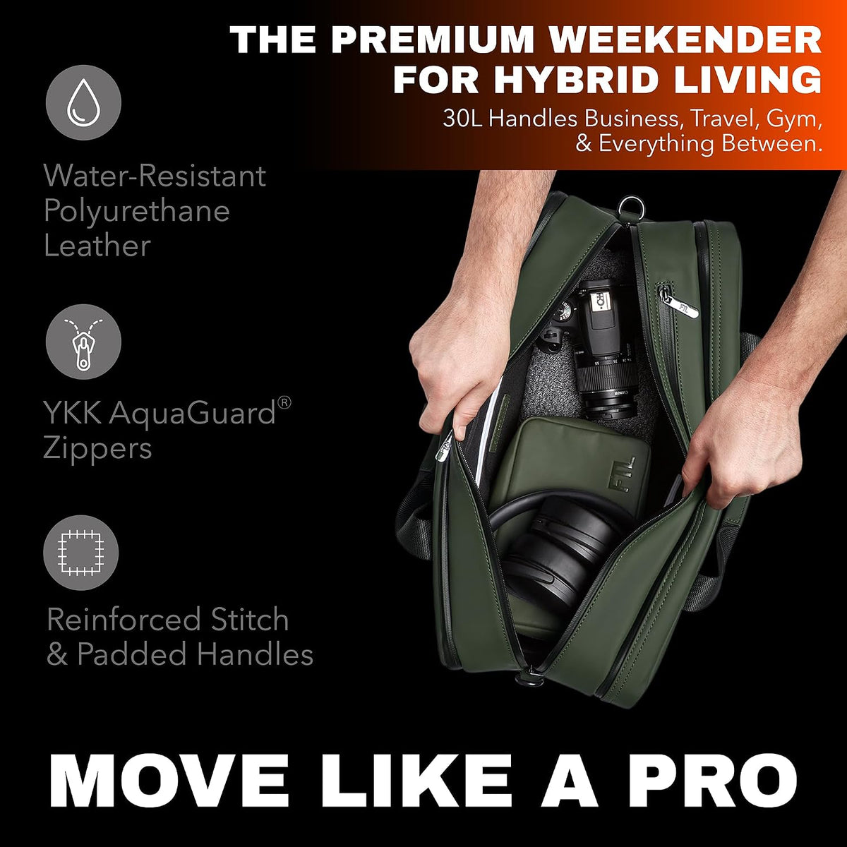 The FTL Pro Mens Travel Bag - 30L Premium Work to Gym Weekender Duffel with Garment Bag, Shoe Space & 18' Laptop Sleeve - Business Carry On Hybrid, Fits Under Airplane Seat - Abbot Green