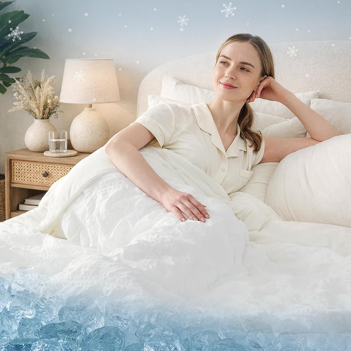 Cozy Bliss Cooling Comforter Seersucker Plaid, Q-Max 0.45 Lightweight Cooling Blanket, Breathable Silk Smooth Summer Bedding Quilt for Hot Sleepers Night Sweats, Cali King(106'*96'), White