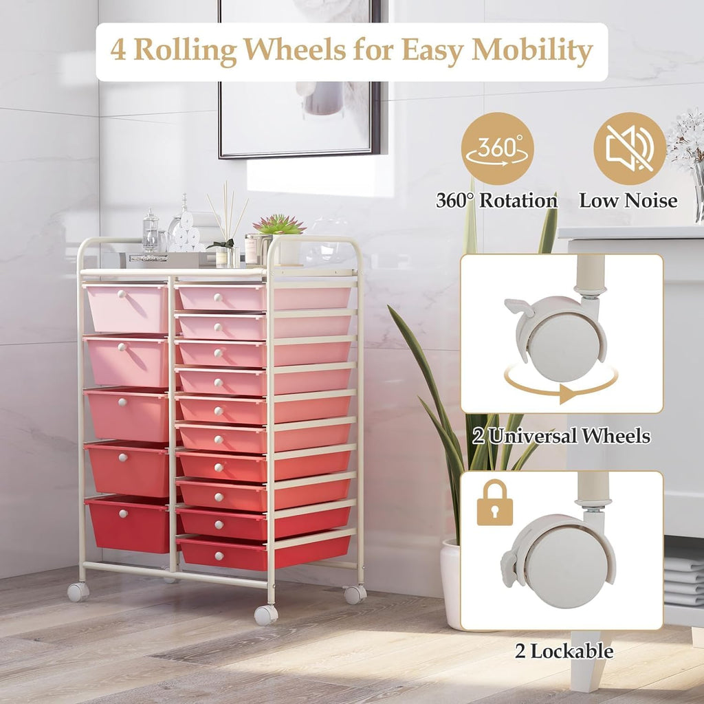 LUARANE Rolling Cart with 15 Drawers, Craft Storage Cart with Portable Handles & Lockable Wheels, Mobile Toys Organizer, Large Capacity Utility Drawer Cart Home Office School Teacher (Gradient Pink)