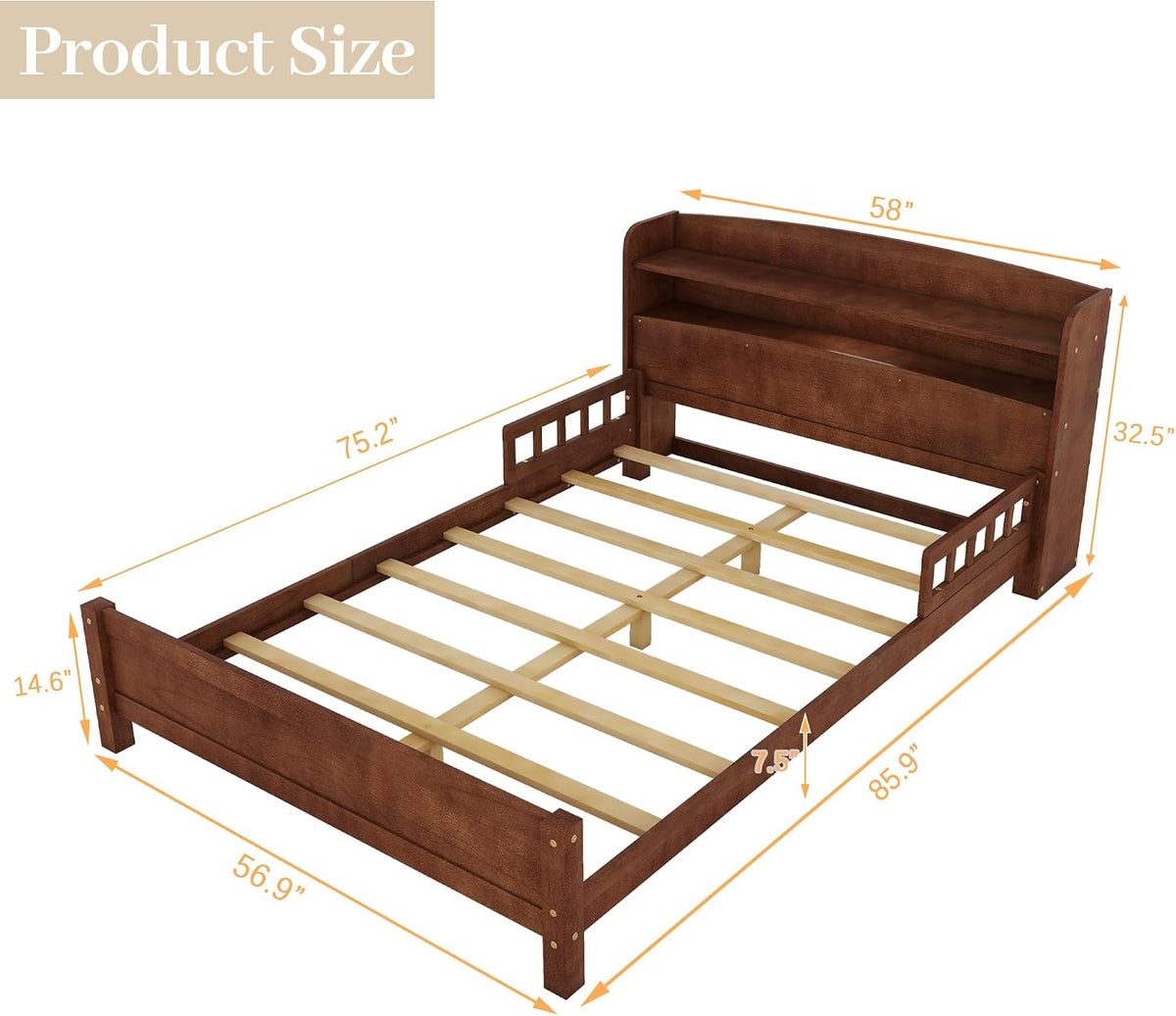 Full Size Kids Bed, Wood Kids Bed with Storage Bookcase & Headboard, Beds Frames with Rails & LED Motion Sensor Light, for Boys and Girls, Walnut