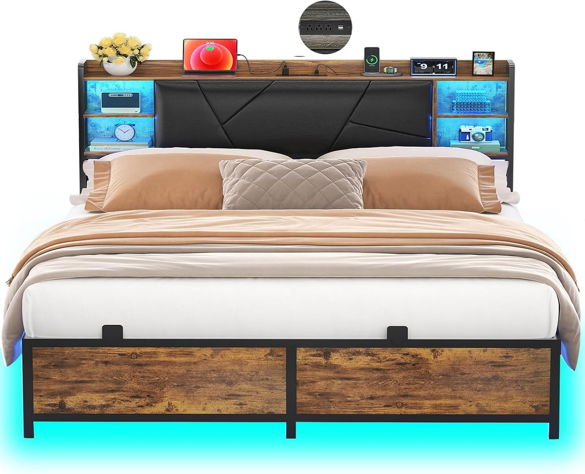 Unikito Cool Queen Size Bed Frame with RGB LED Lights and Power Outlets, Sturdy Platform Bed with Storage Upholstered Headboard, Strong Metal Slats, No Box Spring Needed, Easy Assembly, Vintage