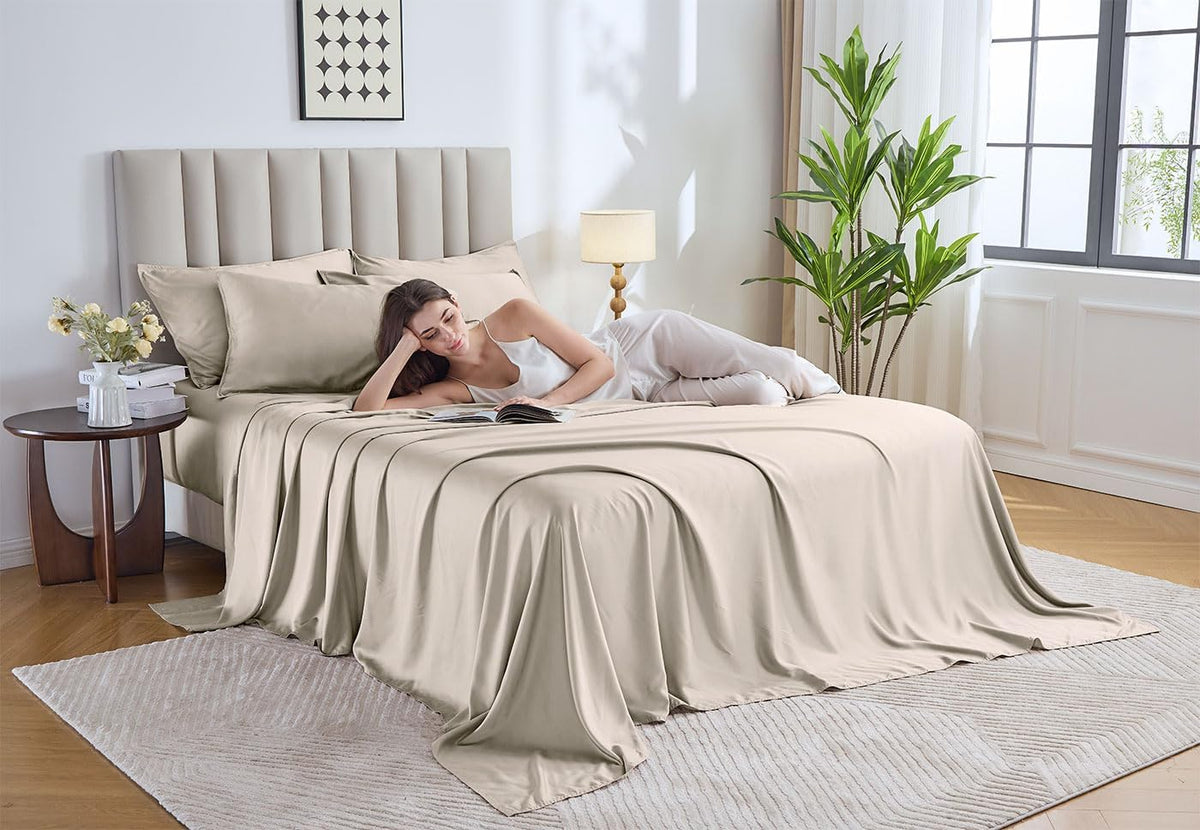 Pure Bamboo King Sheets, Genuine 100% Organic Viscose Derived from Bamboo Bed Sheet Set, Luxuriously Soft & Cooling, Double Stitching, 2 Year Quality Promise (King, Creme)