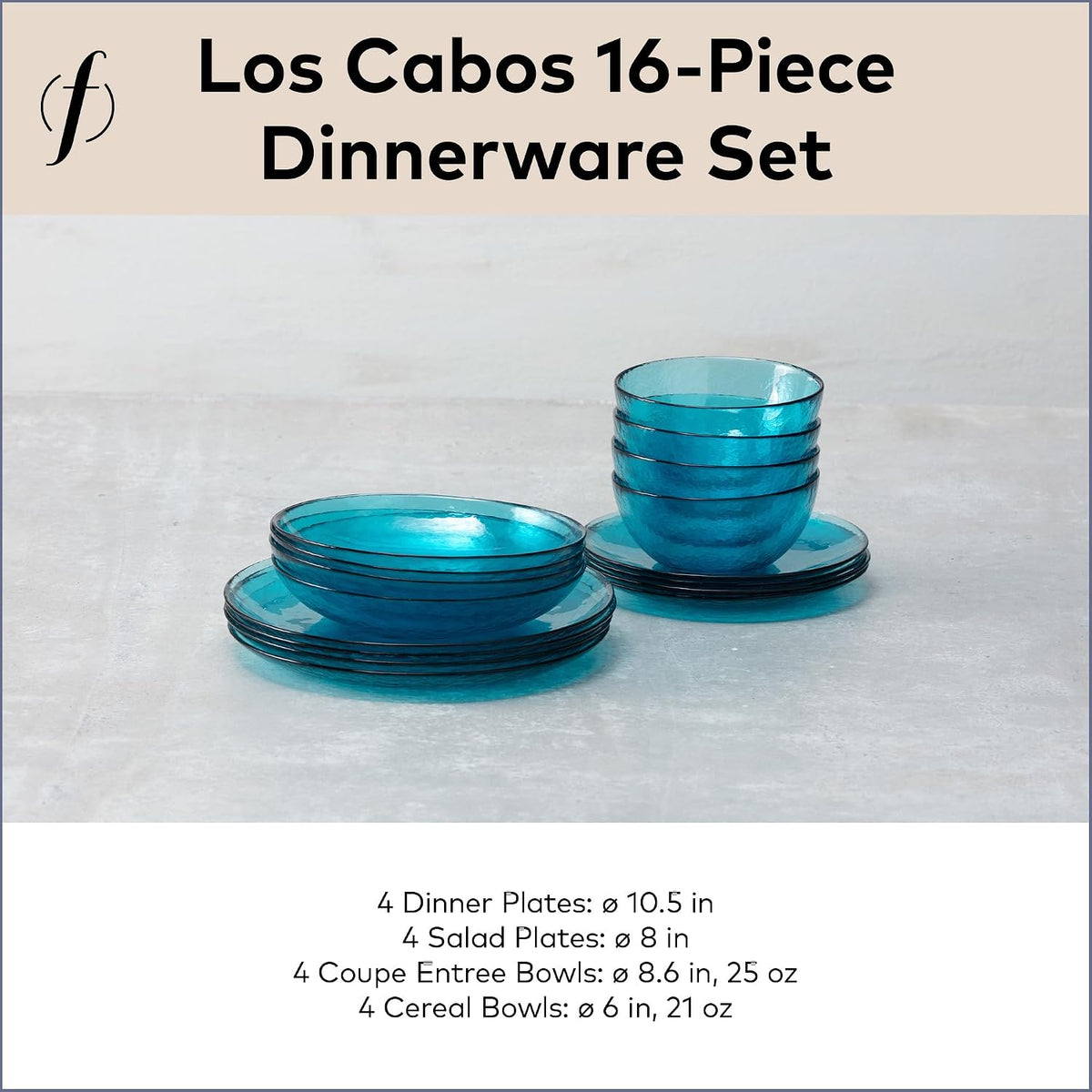 FORTESSA Los Cabos Tableware, 16-Piece Glass Dinnerware Set with 4 Dinner Plates, 4 Salad Plates, 4 Coupe Bowls and 4 Cereal Bowls, Dishwasher-Safe Glass Plate Set, Lagoon Blue