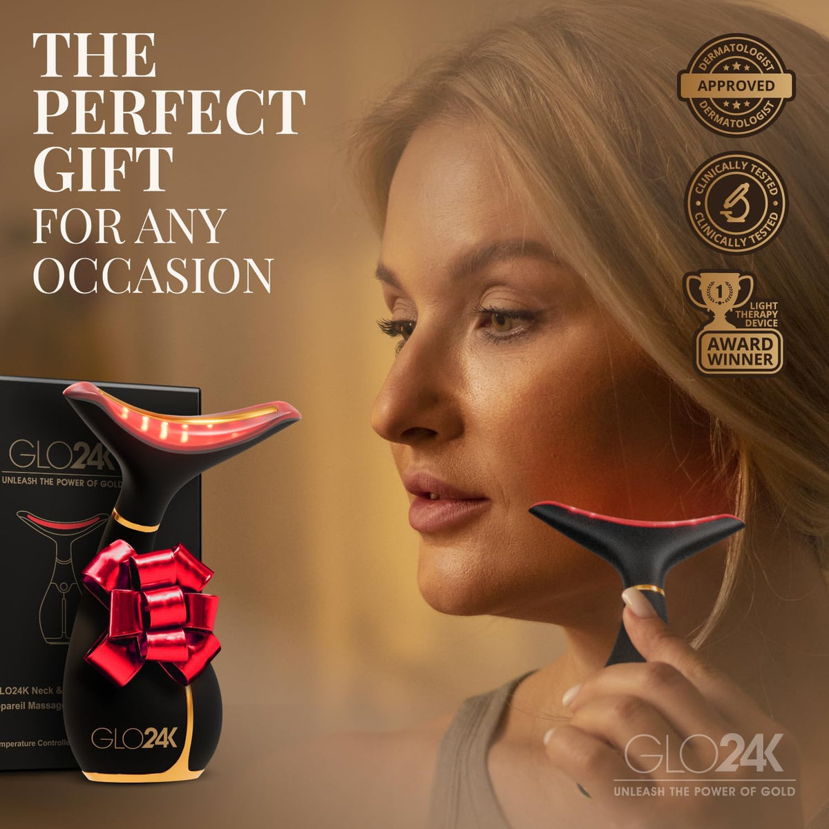 GLO24K LED Facial Massager for Face & Neck – Beauty Wand with LED Light, Vibration & Massage – Cosmetic Skincare Tool for Daily Self-Care