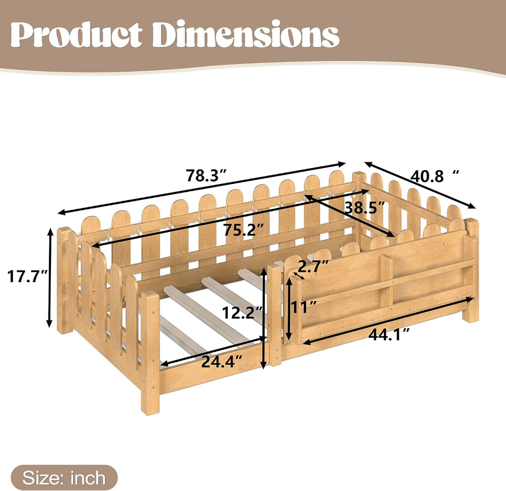 Bellemave Twin Floor Bed with Rails and Slats, Twin Size Montessori Floor Bed with Bookshelf, Fence and Lights, Low Profile Montessori Beds Frame for Girls, Boys, Light Natural