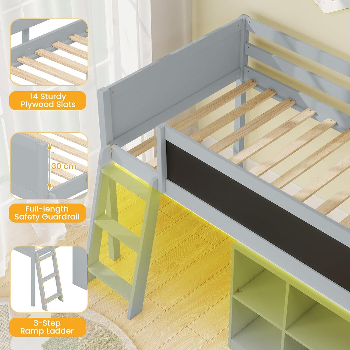 Giantex Low Loft Bed with LED Lights, Twin Size Bed Frames for Kids w/Chalkboard, Removable Bookcase & Under-Bed Storage Space, Wood Loft Beds with Stairs, Safety Guardrail for Girls Boys (Grey)