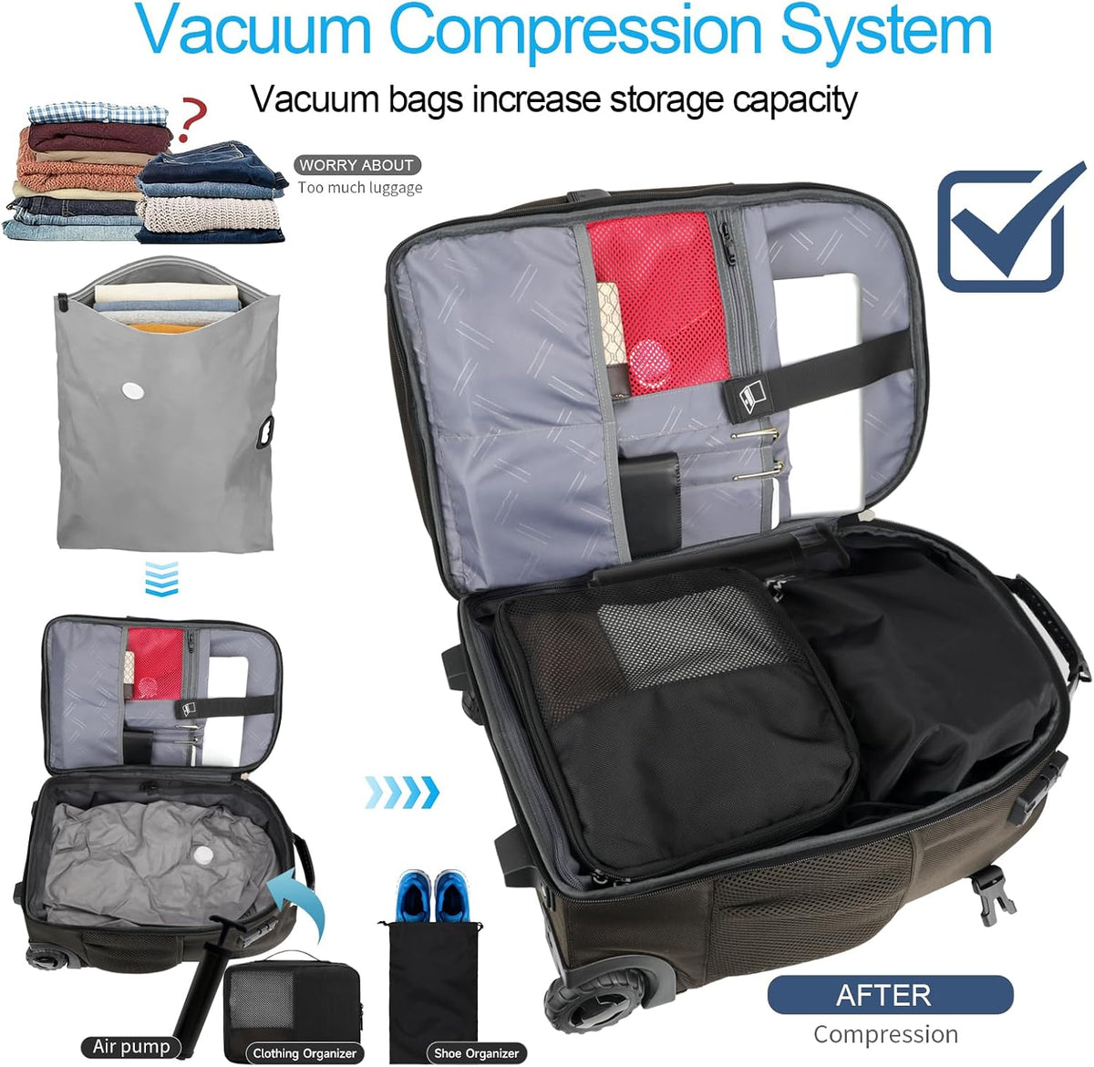 Backpack with wheels,rolling backpack with 2 Packing Cubes and compression bags,Laptop Compartment,Water Resistant Luggage suitcase,Air Travel,Weekend Trips (Brown)