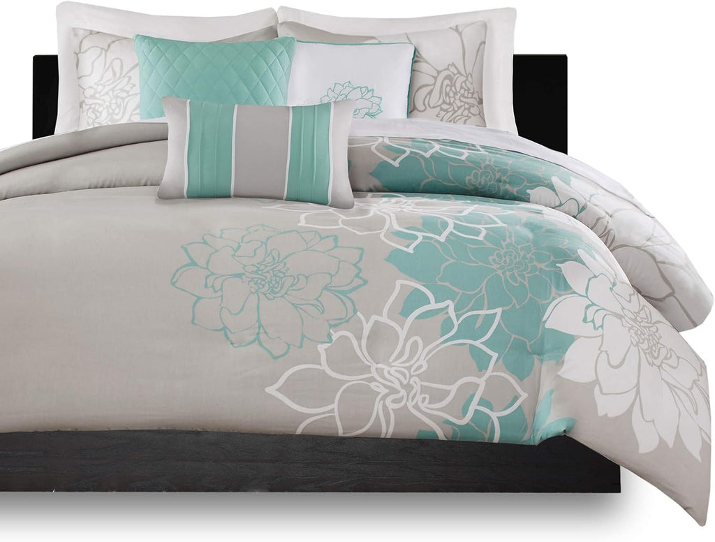 Madison Park Lola 100% Cotton Duvet Set Beautiful Floral Pattern, Ruffle Border Design All Season, Breathable Comforter Cover Bedding, Matching Shams, King(104'x92'), Aqua/Grey 6 Piece