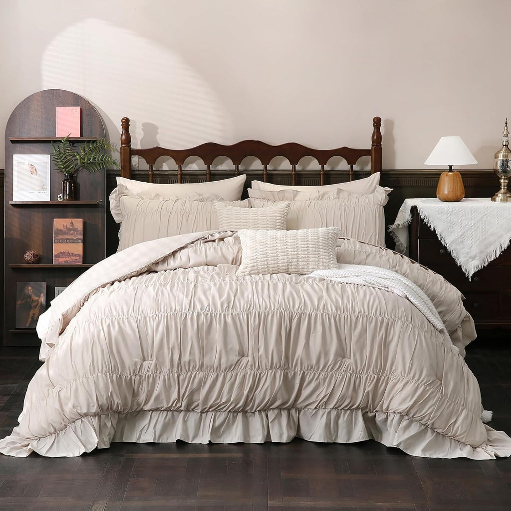 Herside Beige Comforter Set Queen Size,Ruched Neutral Boho Bedding 9-Piece Bed-in-a-Bag Fluffy Farmhouse Ruffle Bedding Set with Comforter, Flat Sheet, Fitted Sheet, Pillow Shams, Pillowcases