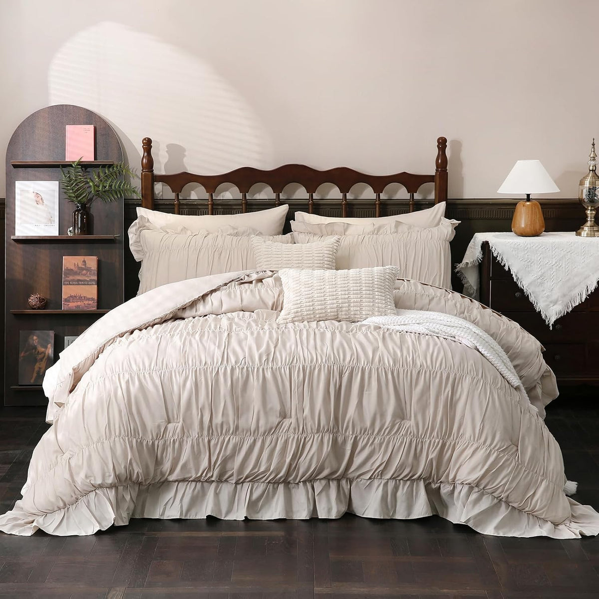 Herside Beige Comforter Set King Size,Ruched Boho Bedding 9-Piece Bed-in-a-Bag for All Seasons,Fluffy Farmhouse Ruffle Bedding Set with Comforter, Flat Sheet, Fitted Sheet, Pillow Shams, Pillowcases