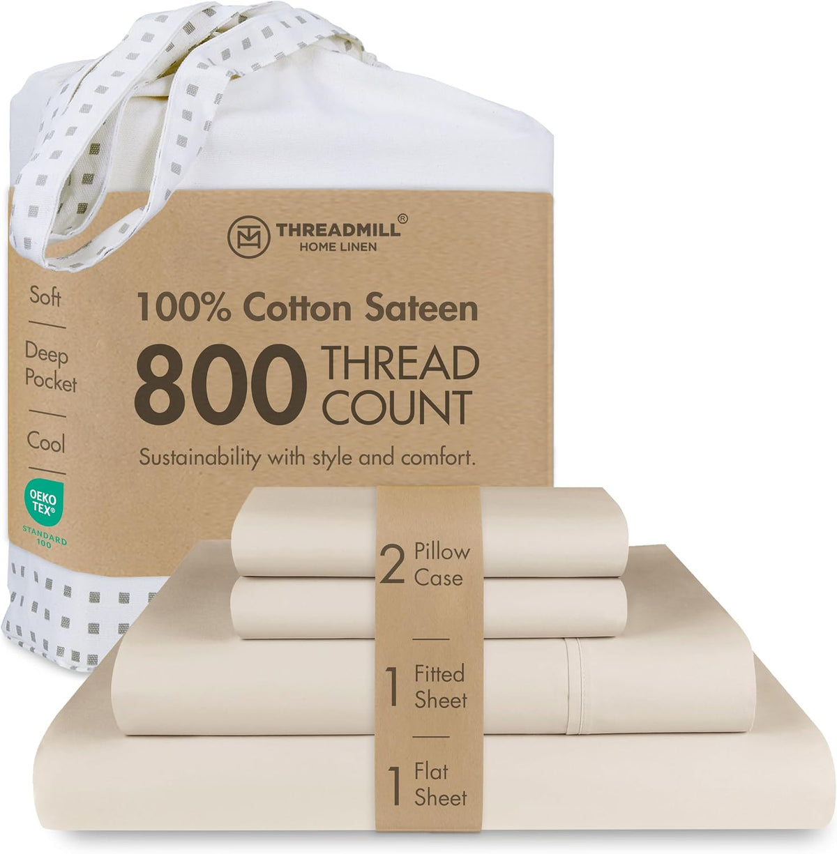 Threadmill Luxury 800 Thread Count King 100% Cotton Sheets - Light Beige Sateen Weave Bed-Sheets, Better Than Egyptian Cotton,4 Pc Solid Soft Bedding Set, Fits 16' Deep Pocket