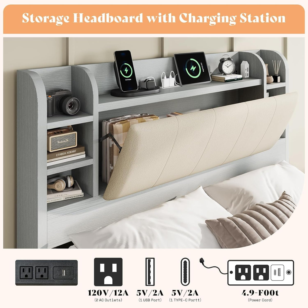 AMERLIFE Queen Size Bed Frame with Bookcase Headboard, Hidden Storage and 4 Drawers, Upholstered Cushion Backrest, Wooden Platform Bed with Charging Station, Heavy Duty Metal Frame, Light Grey