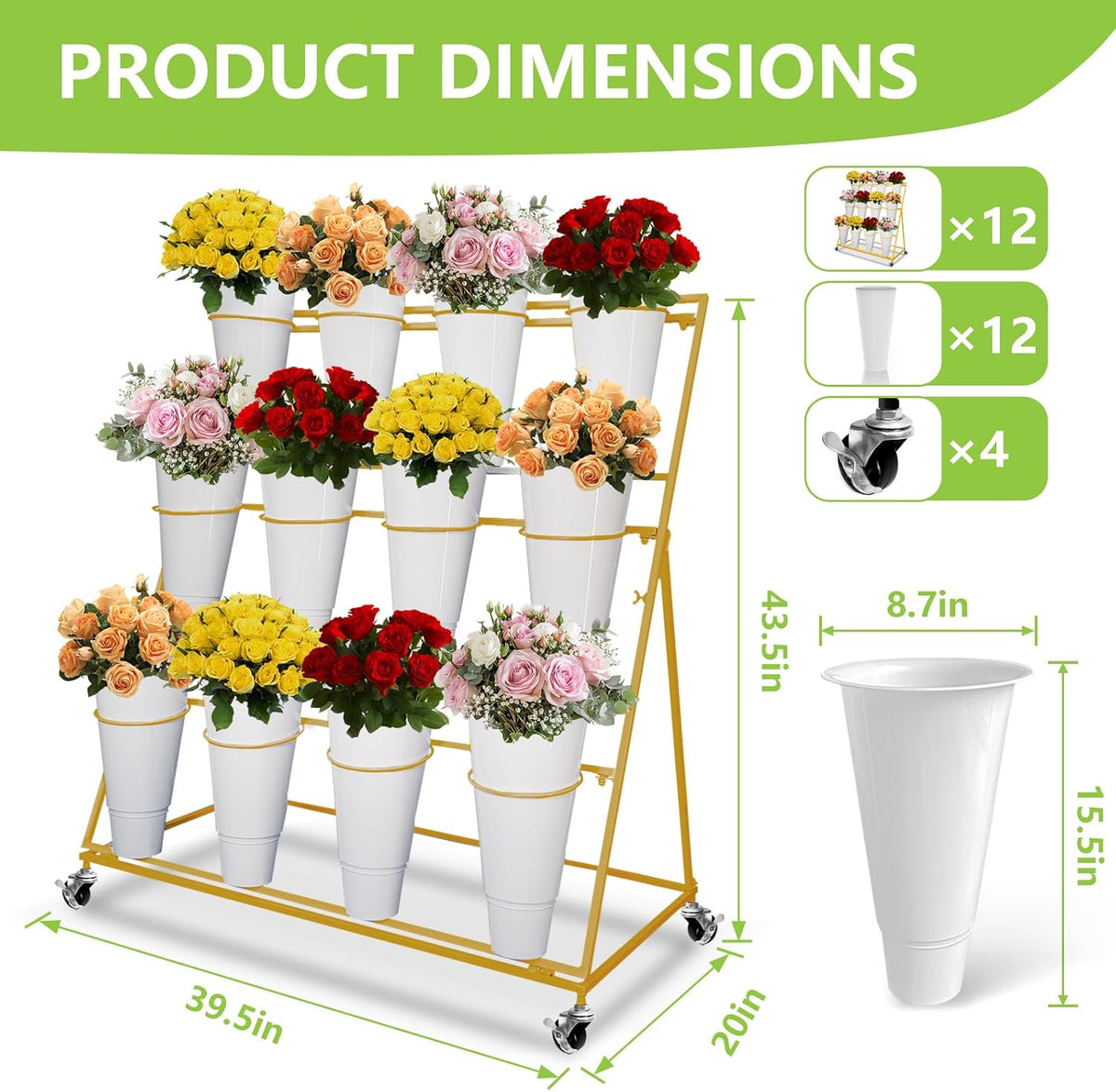 Flower Display Stand with 12 Buckets,with Wheels, 3 Layers White Moving Florist Bouquet Shelf, for Patio Garden，Outdoor Flower Pop-Up Events，Flower Cart Display Stand
