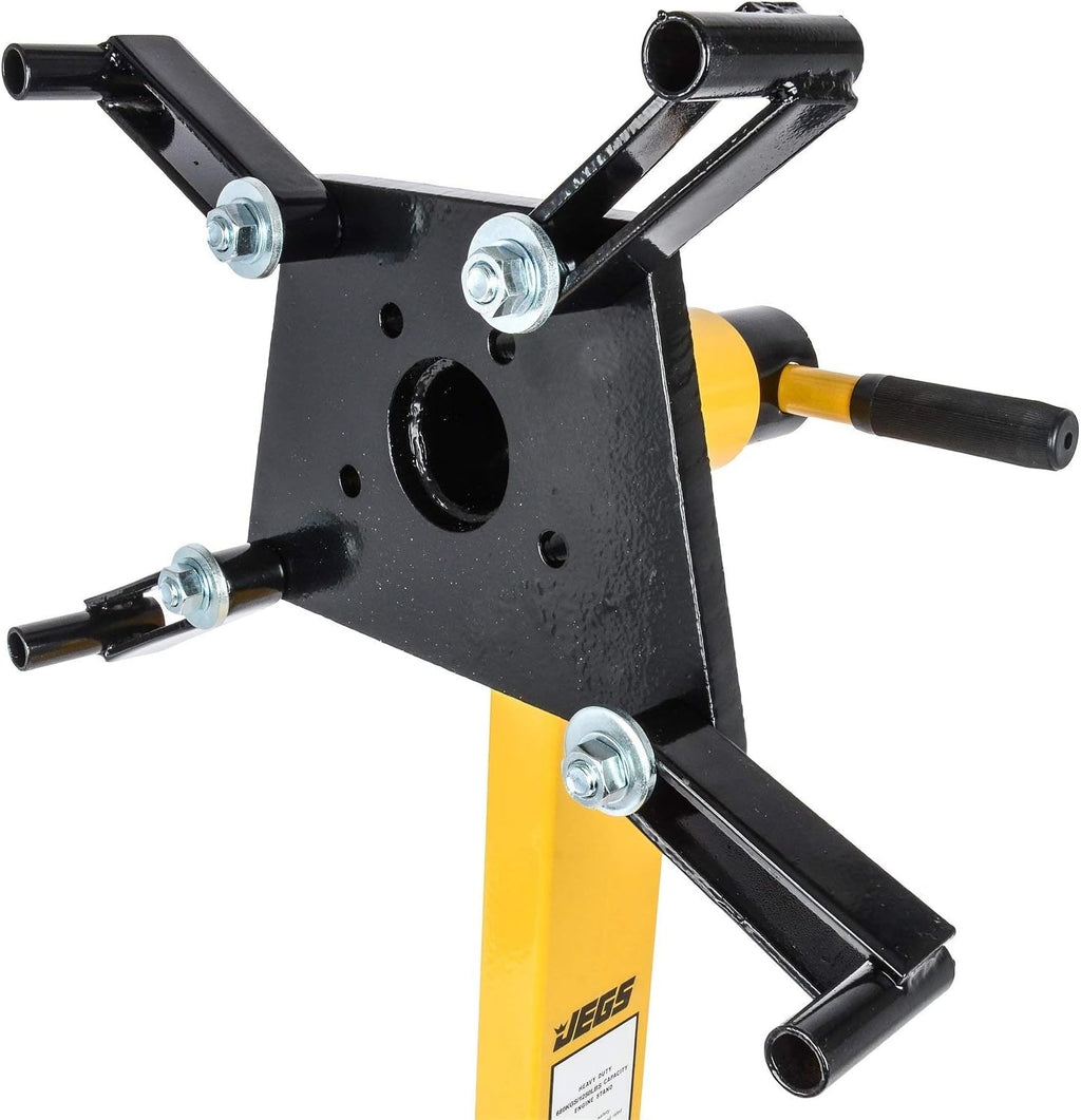 JEGS Folding Engine Stand | Yellow Finish | 1250 LBS Capacity | 360 Degree Adjustable Mounting Head | 5 Ball-Bearing Swivel Caster Wheels | Heavy-Duty Square Steel Frame