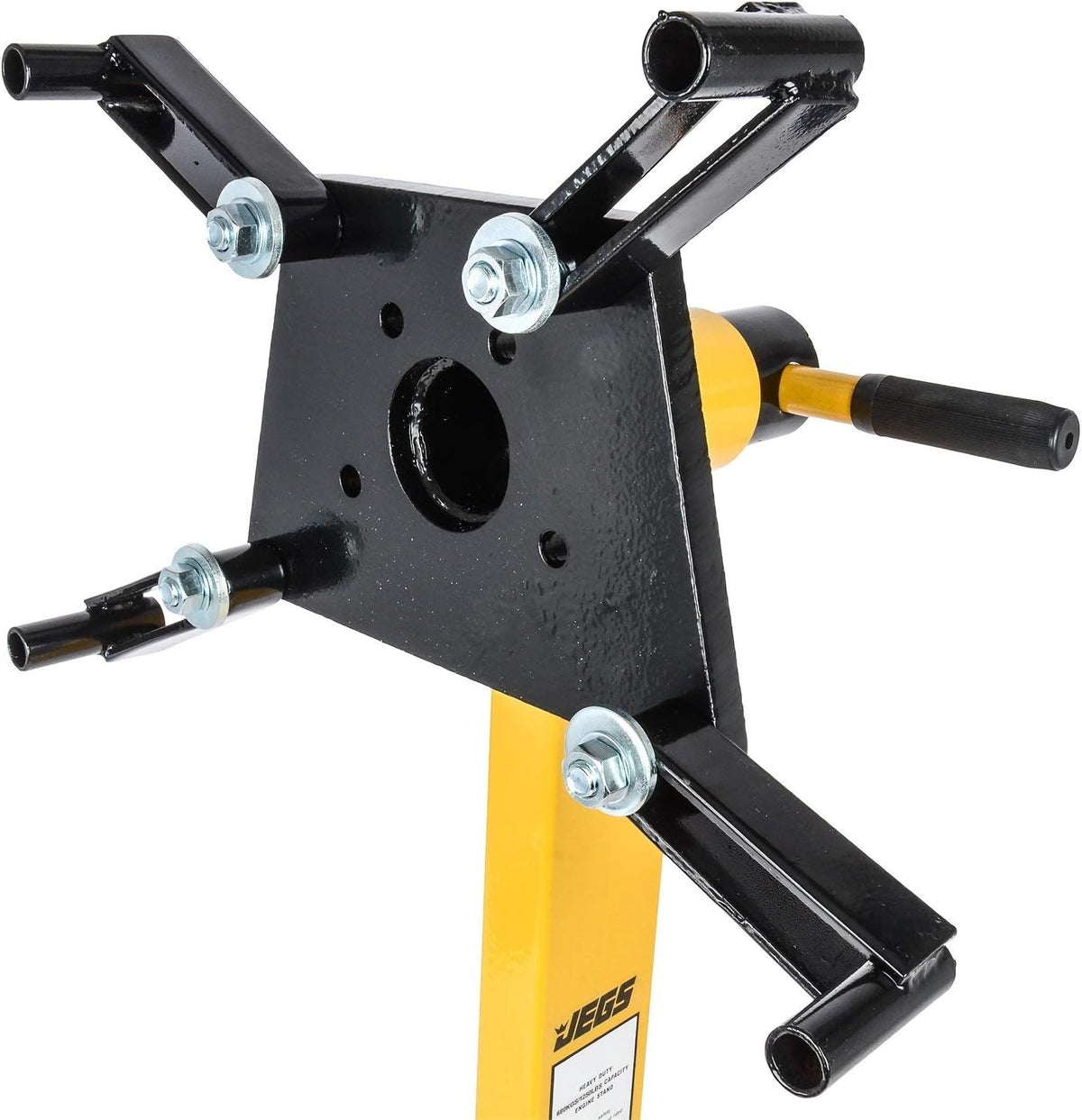 JEGS Folding Engine Stand | Yellow Finish | 1250 LBS Capacity | 360 Degree Adjustable Mounting Head | 5 Ball-Bearing Swivel Caster Wheels | Heavy-Duty Square Steel Frame