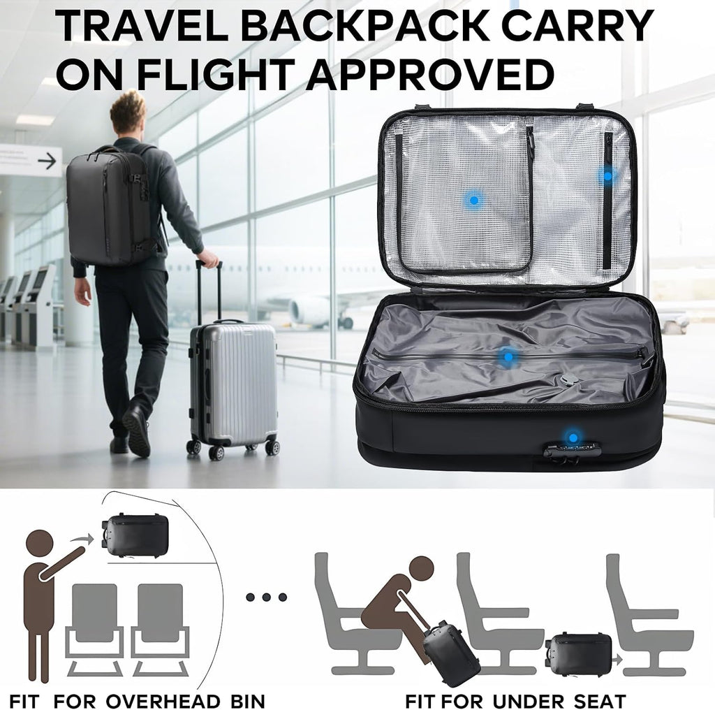 BANGE Vacuum-Seal Travel Backpack with Pump and Vacpack Compression System, Water Resistant Large Carry-On Backpack with Laptop Compartment and TSA Lock - Flight Approved, Black (With Air Pump)