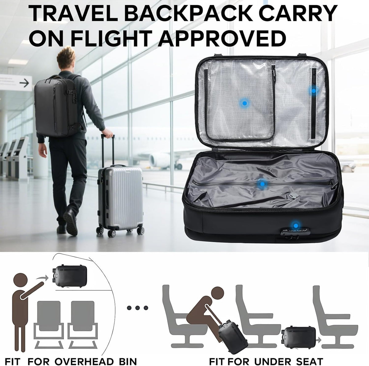 BANGE Vacuum-Seal Travel Backpack with Pump and Vacpack Compression System, Water Resistant Large Carry-On Backpack with Laptop Compartment and TSA Lock - Flight Approved, Black (With Air Pump)