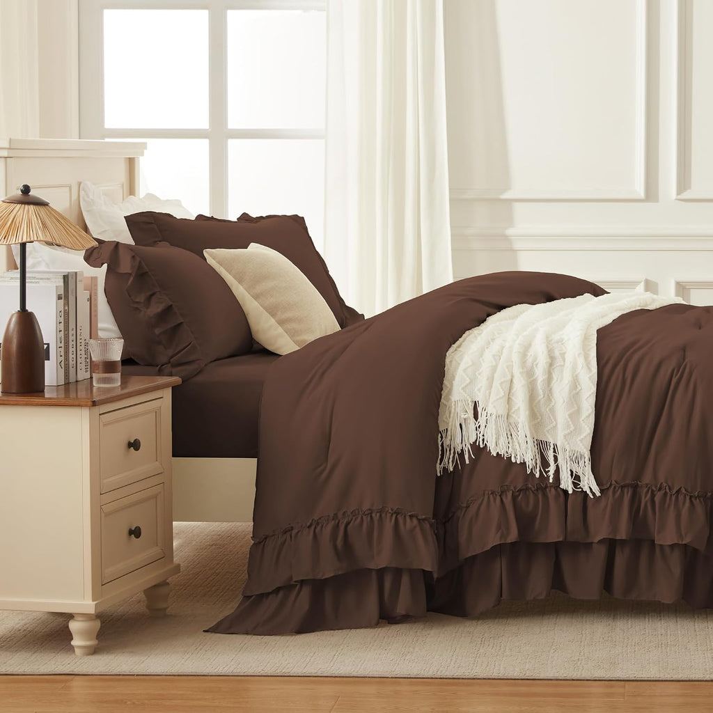 Andency Brown Super King Plus Comforter Set (128x120Inch), 3 Pieces Ruffle Comforter Set with 2 Pillowcases, Farmhouse Shabby Chic Lightweight Fluffy Soft Polyester All Season Bed Set
