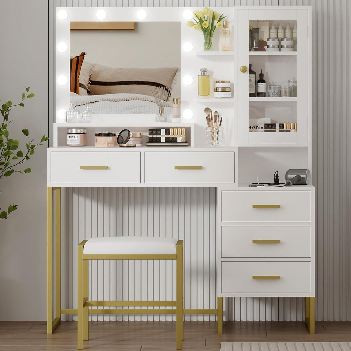 Vanity Desk with Mirror, Makeup Desk Set with 3 Color Lights and Chair, Modern Vanity Table with Drawers and Shevles, Dressing Table with Charging Station for Bedroom, White