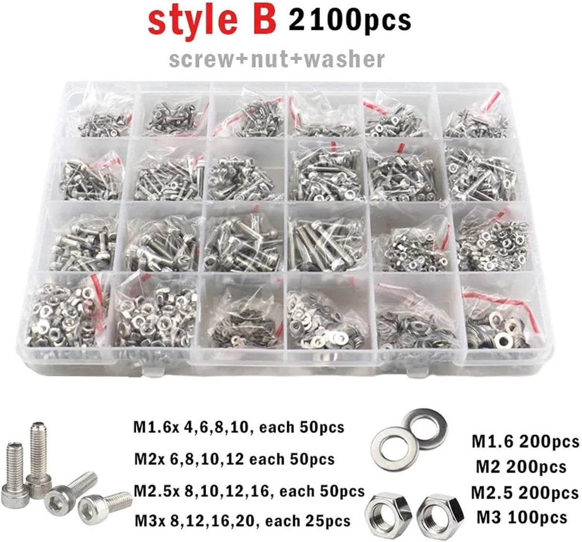 M1.6 M2 M3 M4 M5 304 Stainless Steel Allen Hexagon Hex Socket Cap Button Flat Head Screw Bolt Nut Set Assortment Kit for Road Bicycle, Mountain Bike, Auto Etc(M1.6-M3-2100pcs)