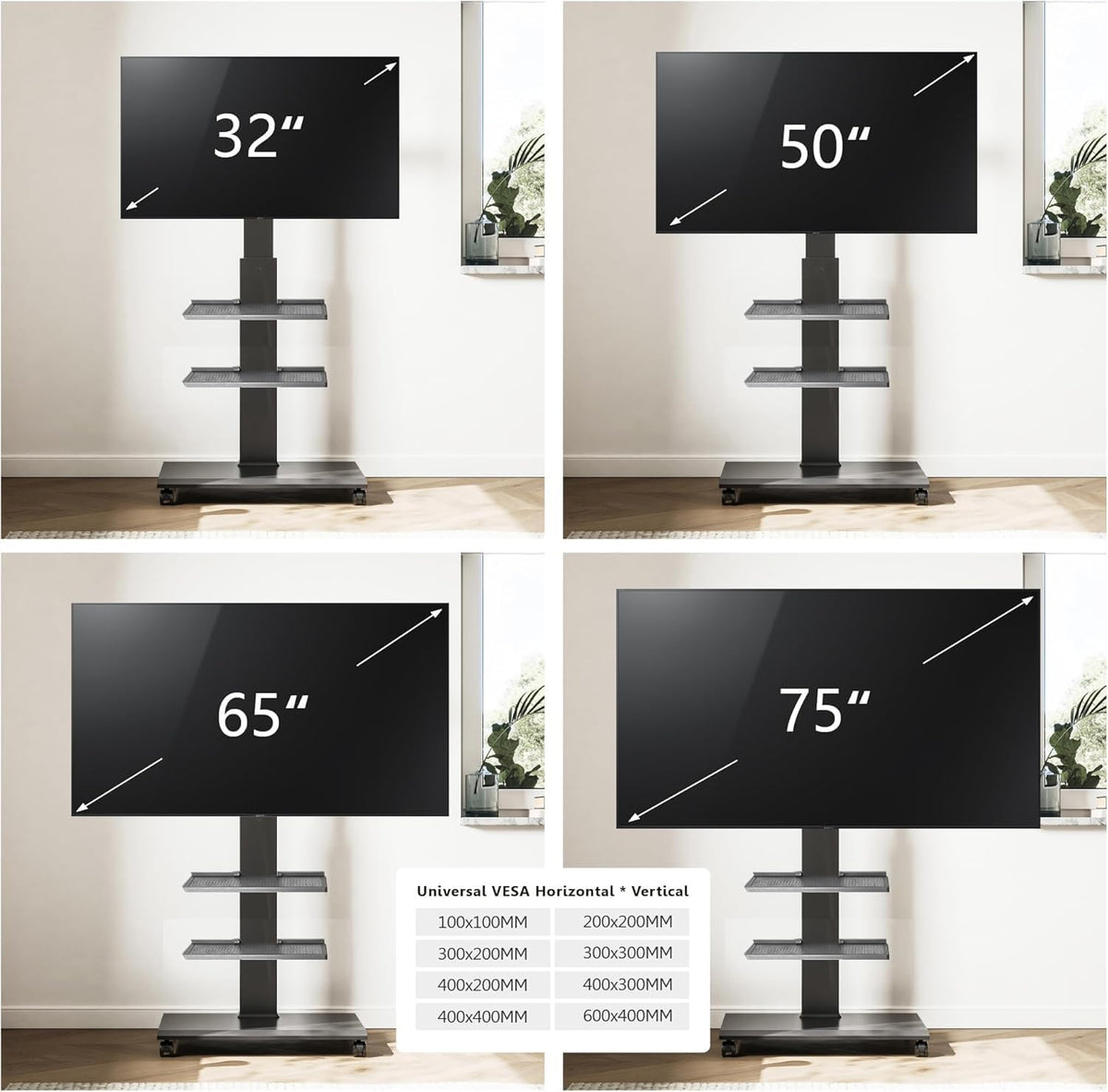 FITUEYES Rolling TV Stand for 32-75 Inch TVs - Height Adjustable Portable TV Stand on Wheels, 20 Degree Left/Right Swivel and 90 Degree Vertical and Horizontal Rotation up to 88lbs