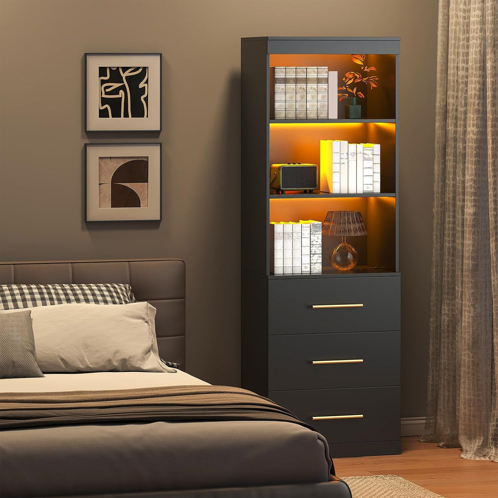 Winkalon 71'H Black Bookshelf with LED Light, Bookcase and Bookshelf with Drawers, Tall Bookcase Tall Storage Cabinet 3-Tier Open Shelves for Home Office Living Room Hallway, 15.8'D x 23.6'W x 70.9'H
