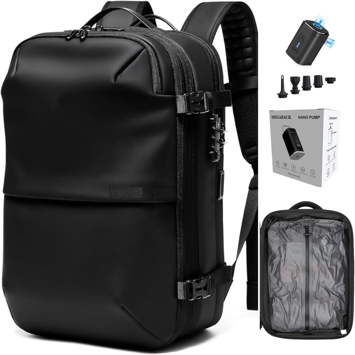 Vacuum Backpack Travel with Pump, 60L Expandable Airbag Travel Backpack, Travel Backpack with Vacuum System, TSA Lock, USB Charging Port, Water Resistant