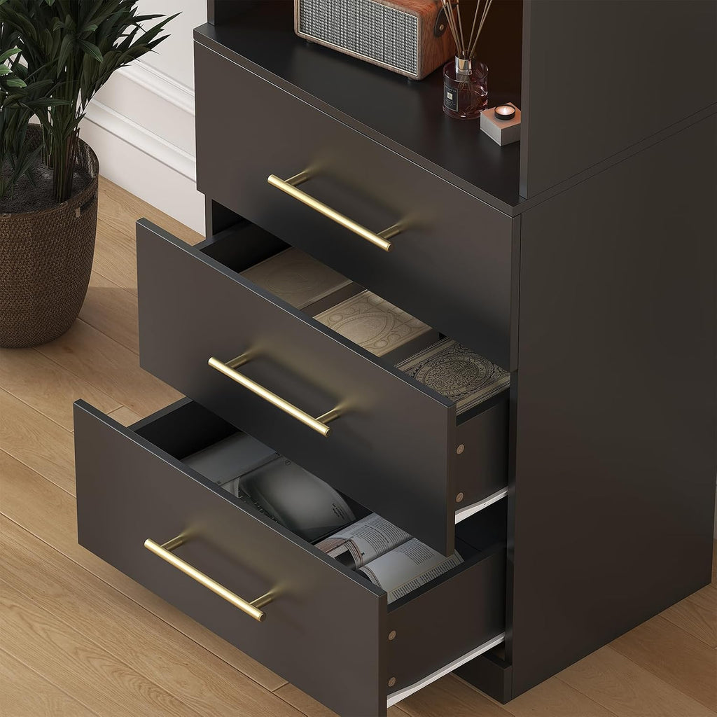 Winkalon 71'H Black Bookshelf with LED Light, Bookcase and Bookshelf with Drawers, Tall Bookcase Tall Storage Cabinet 3-Tier Open Shelves for Home Office Living Room Hallway, 15.8'D x 23.6'W x 70.9'H