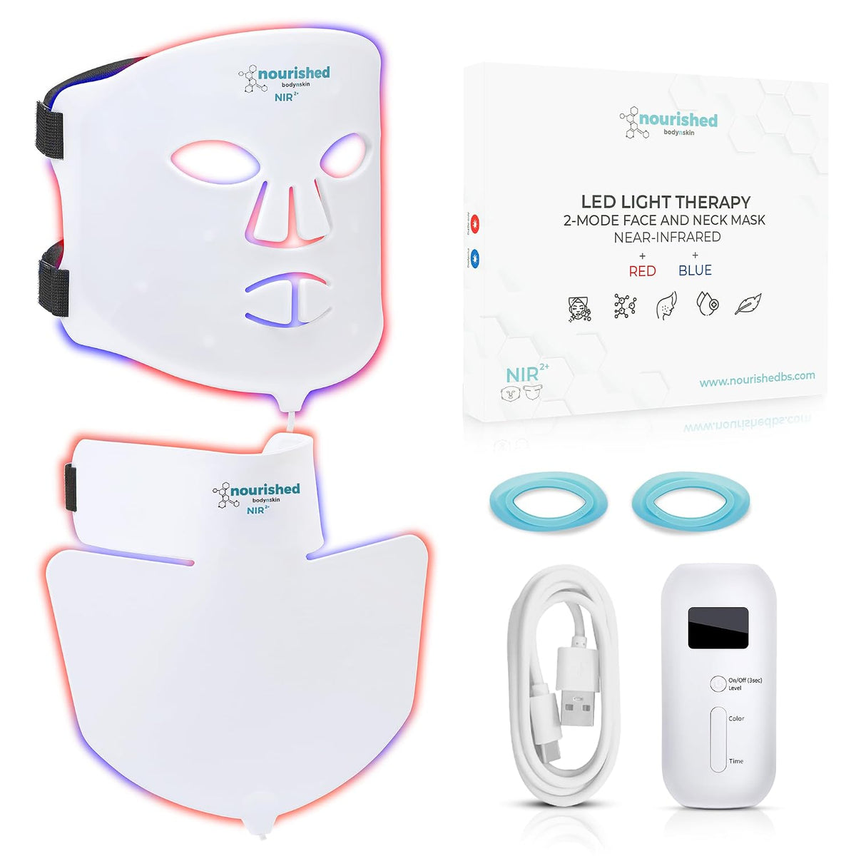 Nourished Bodynskin LED Face and Neck Mask with Near-Infrared - Blue, Red Light Therapy for Face - 228 LEDs - Skincare Tool for Wrinkles, Anti-Aging