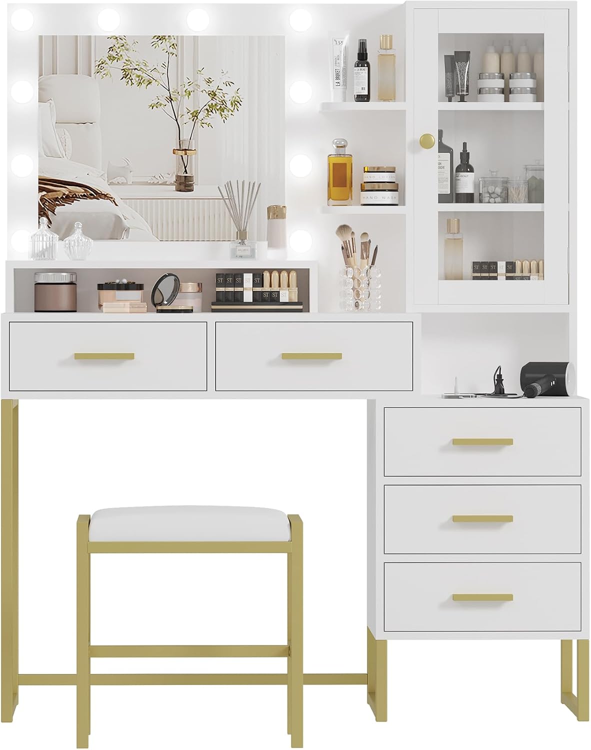 Vanity Desk with Mirror, Makeup Desk Set with 3 Color Lights and Chair, Modern Vanity Table with Drawers and Shevles, Dressing Table with Charging Station for Bedroom, White