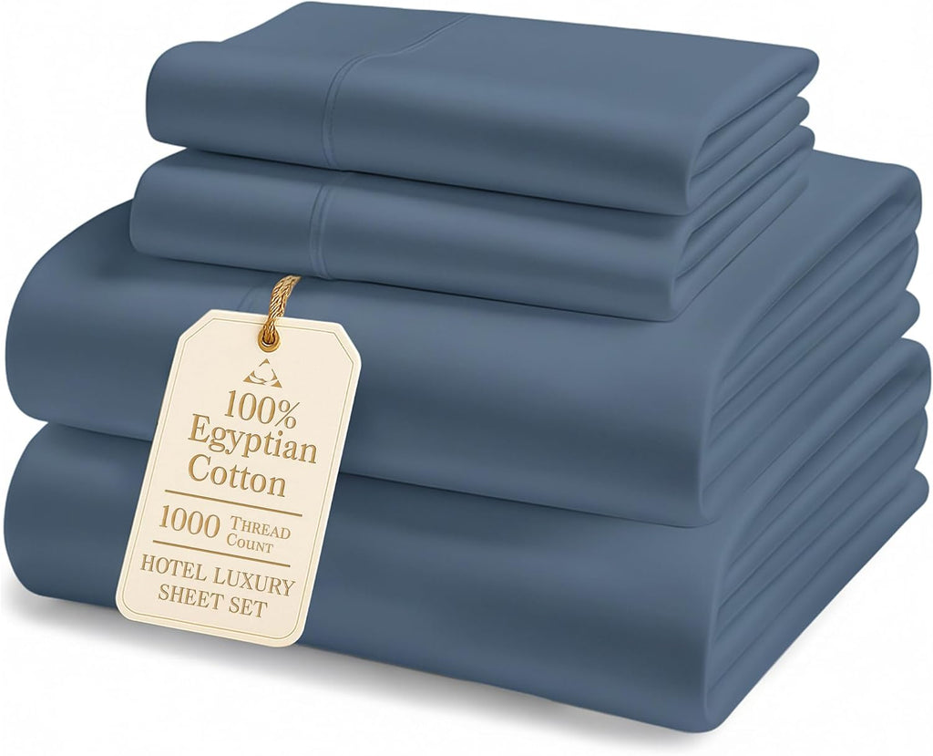 100% Egyptian Cotton Queen Bed Sheets Set - 1000 Thread Count Autthentic Long Staple Cotton Bed Sheets, Breathable Winter Comfort, Ultra-Soft Hotel Luxury Comfort with 15' Deep Pocket - Estate Blue