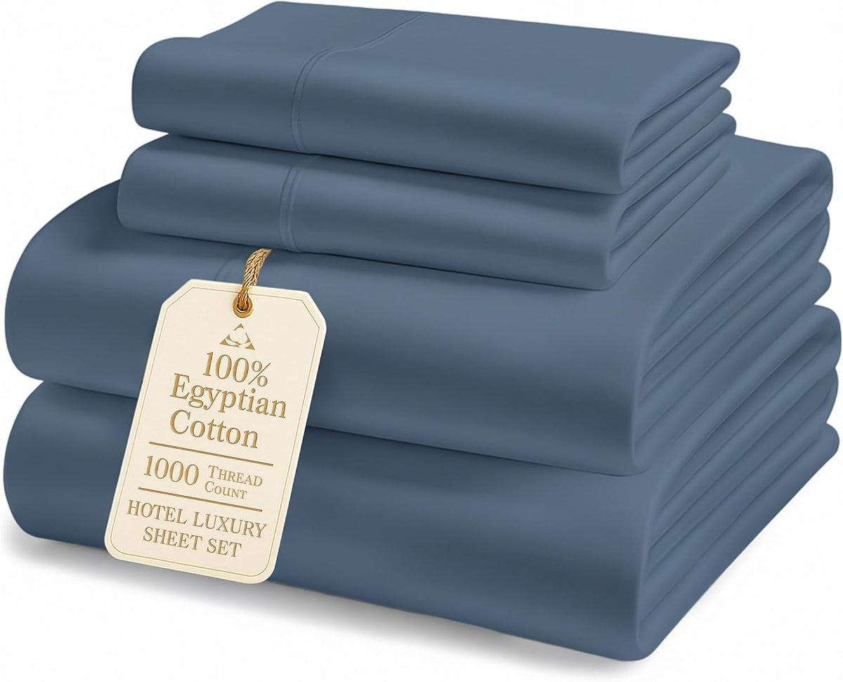 100% Egyptian Cotton Queen Bed Sheets Set - 1000 Thread Count Autthentic Long Staple Cotton Bed Sheets, Breathable Winter Comfort, Ultra-Soft Hotel Luxury Comfort with 15' Deep Pocket - Estate Blue