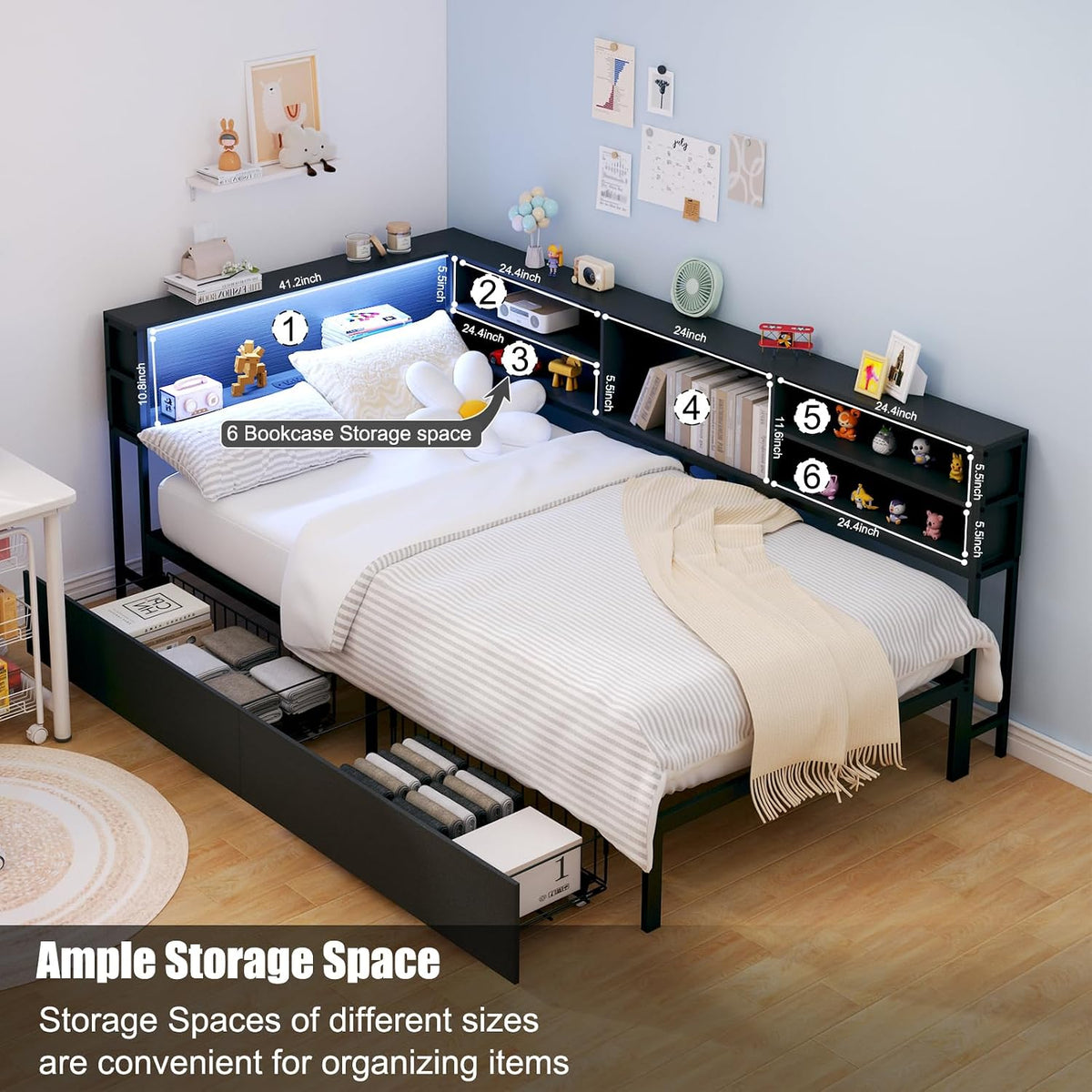 Corner Bed Frame Twin with Storage, L Shaped Daybed for Kids, Twin Corner Bed with Drawers, Shelves, RGB LED Lights & Charging Station, Sturdy Metal Kids Twin Bed for Girls Boys,Black